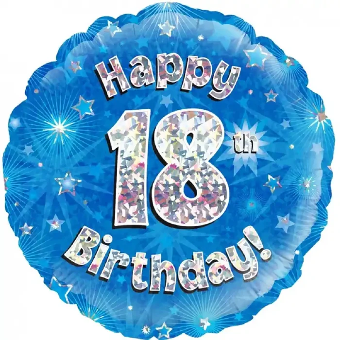 18″ Birthday „18“ White & Blue Holographic