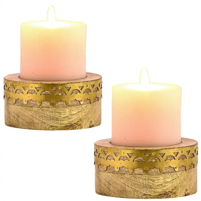 2er Set Boho Deko Teelichthalter Kerzenständer aus Holz Halid
