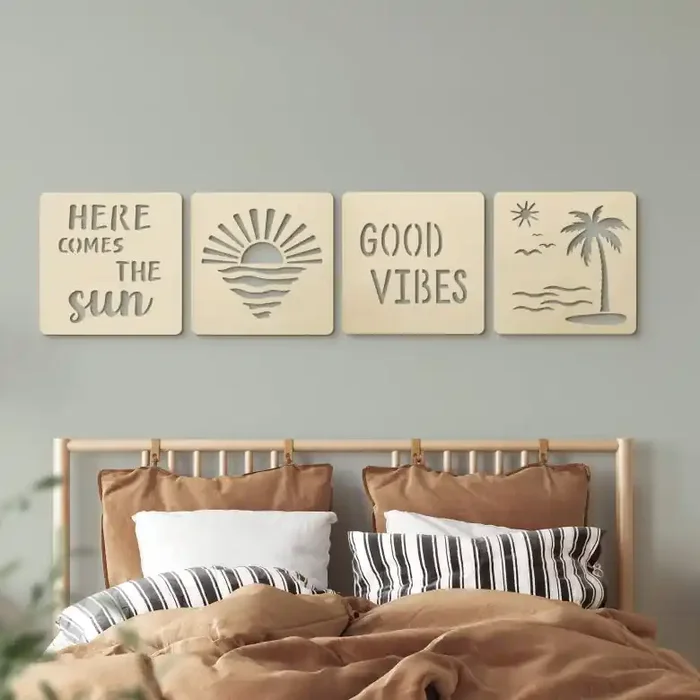 3D Holz-Deko Sonne, Strand und Palmen (4er-Set) – Pappel