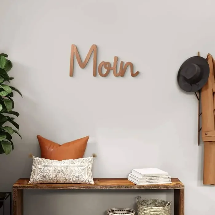 3D Holz Schriftzug Moin – norddeutscher Gruß – Mahagoni