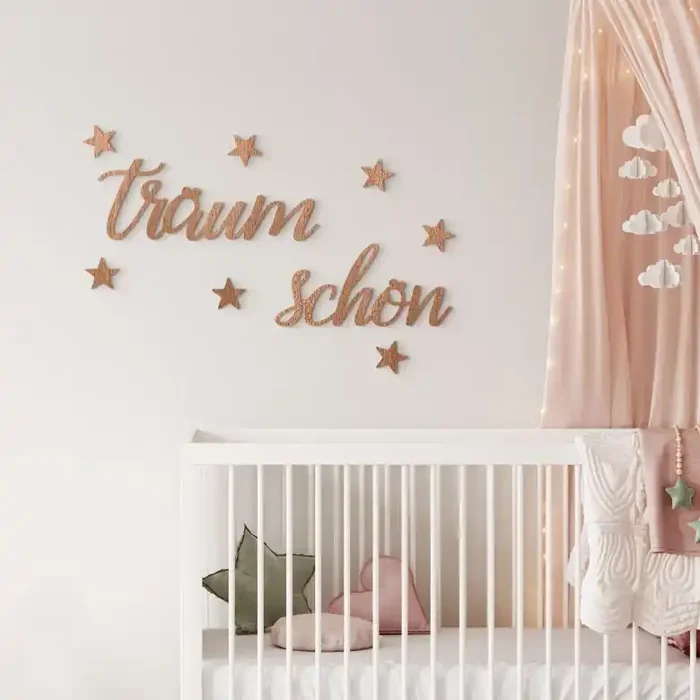 3D Holz Schriftzug Träum Schön mit Sternen – Mahagoni