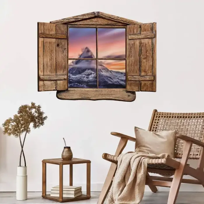 3D Wandtattoo Holzfenster – Top of the mountain