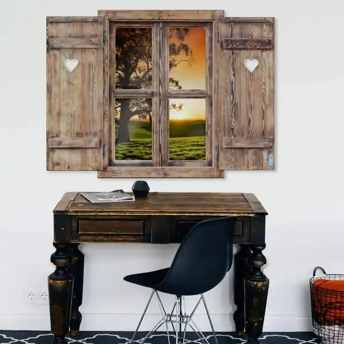 3D Wandtattoo Holzfenster mit Herz – Sonnenuntergang über den Hügeln