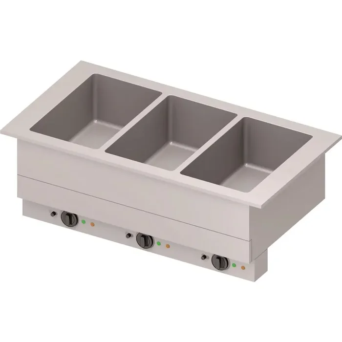Bain-Marie „Drop-In“ 3x GN1/1 Einzelbecken 1155x620x390 mm, Edelstahlabdeckung