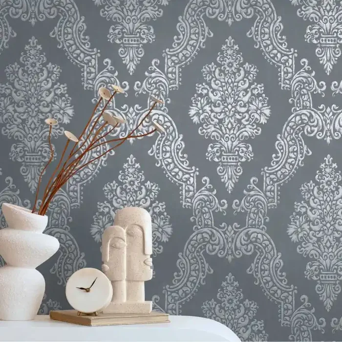 Barock-Tapete Ornament Dunkelgrau Silber – Vliestapete klassisch geprägt
