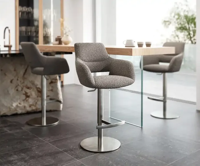 Barstuhl Yago-Flex Bouclé Silbergrau Drehfuß höhenverstellbar Edelstahl drehbar Taschenfederkern