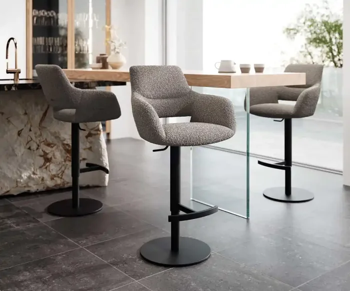 Barstuhl Yago-Flex Bouclé Silbergrau Drehfuß höhenverstellbar Metall Schwarz drehbar Taschenfederkern