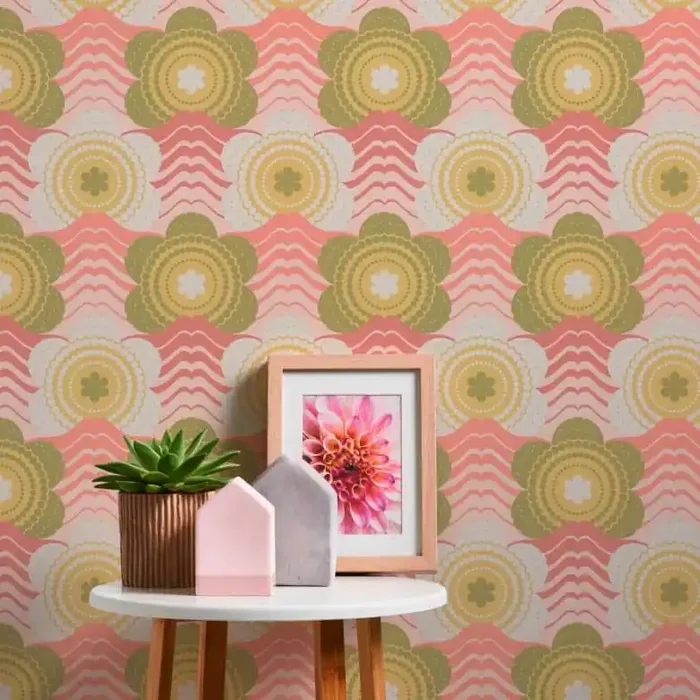 Blumentapete Rosa Grün – florale Retro-Tapete – Vintage Vliestapete