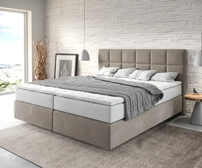 Boxspringbett Dream-Fine 180×200 cm Mikrofaser Beige mit TFK Matratze und Visco Topper