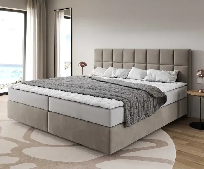 Boxspringbett Dream-Fine Mikrofaser Beige 200×200 cm mit Taschenfederkernmatratze und Topper Visco