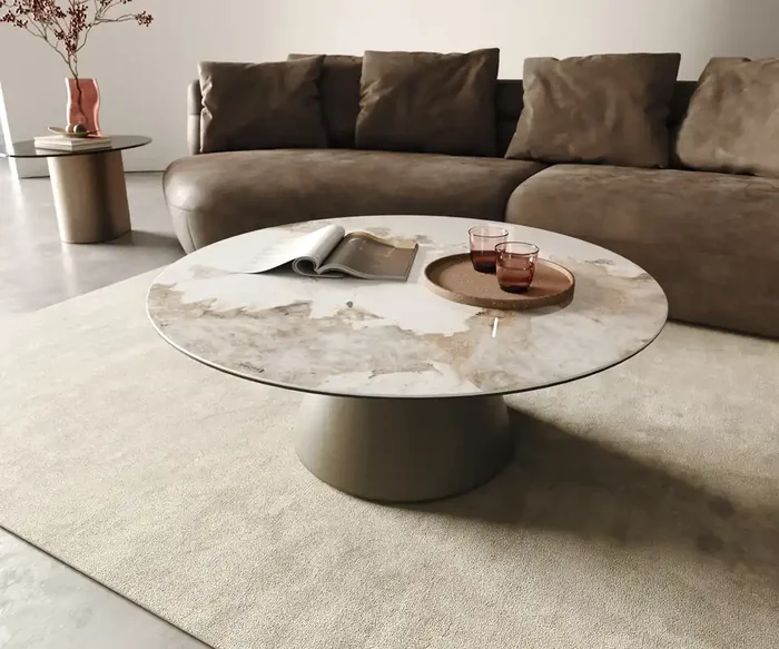 Couchtisch Borna 100×100 cm Keramik Minas Melange Weiß-Beige Gestell Konisch Effektfinish Titan