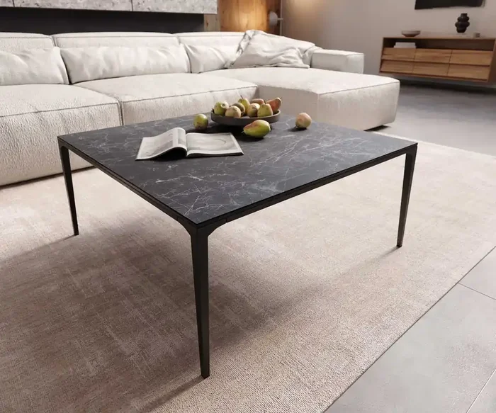 Couchtisch Levente 85×85 cm Keramik Laminam®Nero Greco Anthrazit Gestell Metall Schwarz