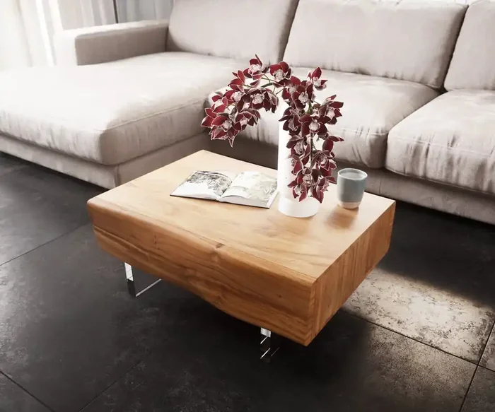 Couchtisch New Live-Edge Live-Edge 80×60 cm Akazie Natur 2 Schubladen Acrylfuß