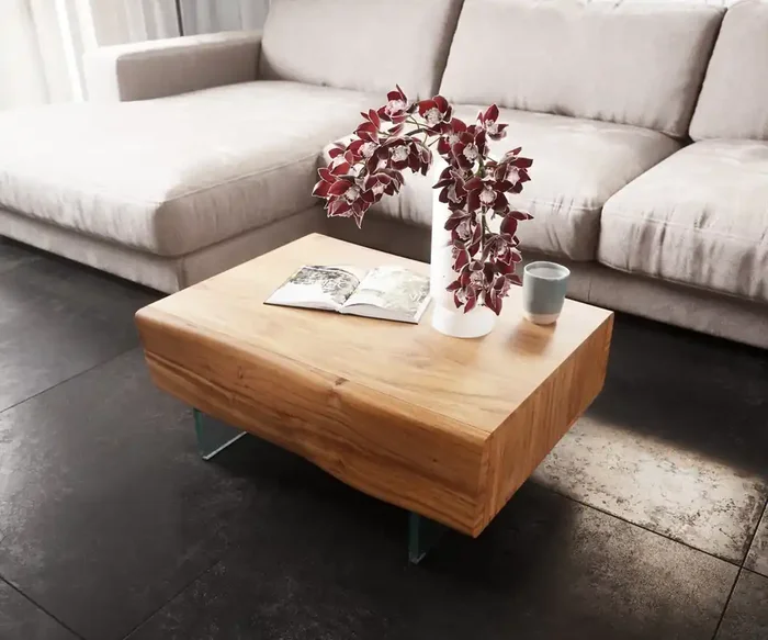 Couchtisch New Live-Edge Live-Edge 80×60 cm Akazie Natur 2 Schubladen Glasfuß schwebend