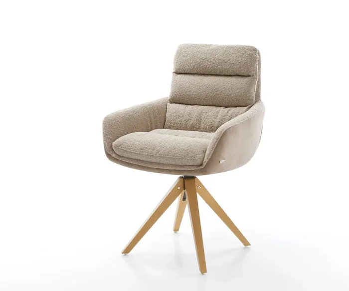 Drehstuhl Abelia-Flex mit Armlehnen Materialmix Schlamm Holzgestell kantig Weiß 180° drehbar