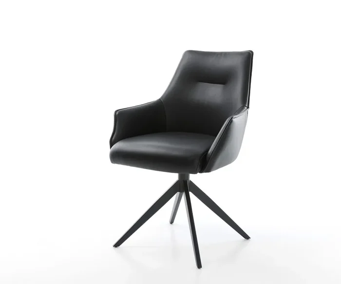 Drehstuhl Alja-Flex mit Armlehnen Echt-Leder Schwarz Kreuzgestell breit Schwarz 360° drehbar Wippfunktion Taschenfederkern