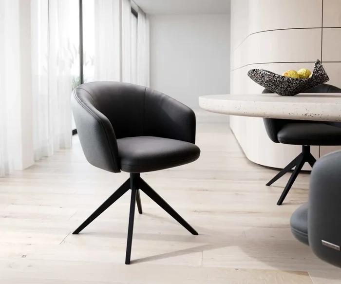 Drehstuhl Caja-Flex mit Armlehnen Echt-Leder Schwarz Kreuzgestell breit Schwarz 360° drehbar Taschenfederkern