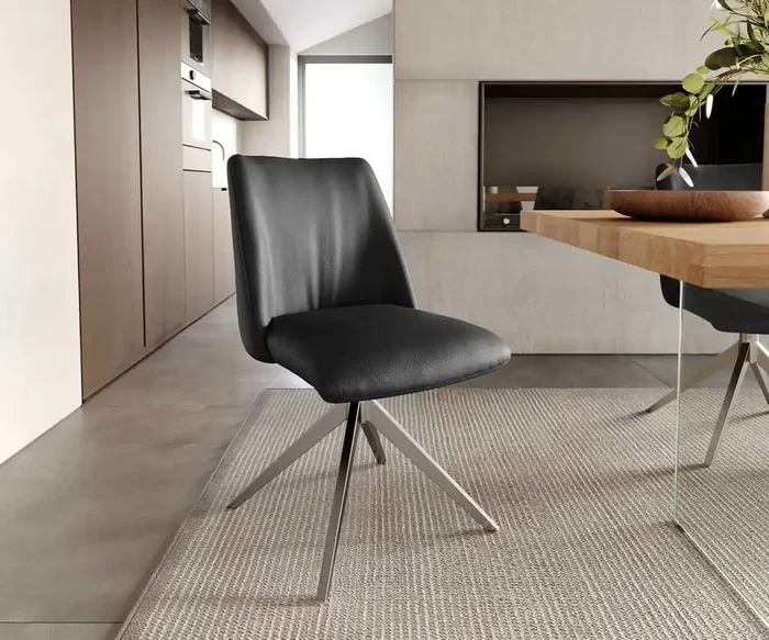 Drehstuhl Elso-Flex Echt-Leder Schwarz Kreuzgestell breit Edelstahl 360° drehbar Taschenfederkern