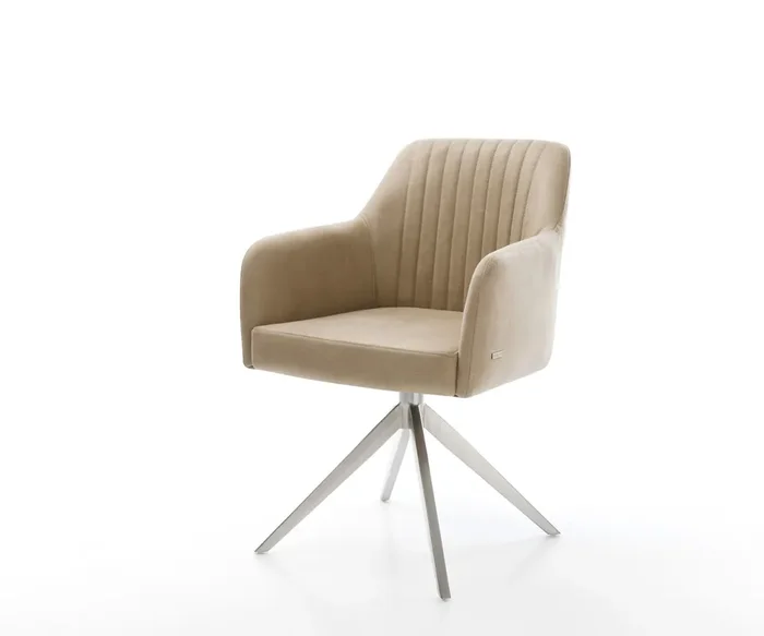 Drehstuhl Greg-Flex Mikrofaser Beige Vintage Kreuzgestell breit Edelstahl 360° drehbar Wippfunktion Taschenfederkern