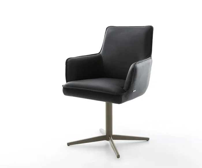 Drehstuhl Heira-Flex mit Armlehnen Echt-Leder Schwarz Fußkreuz Effektfinish Titan 360° drehbar Taschenfederkern