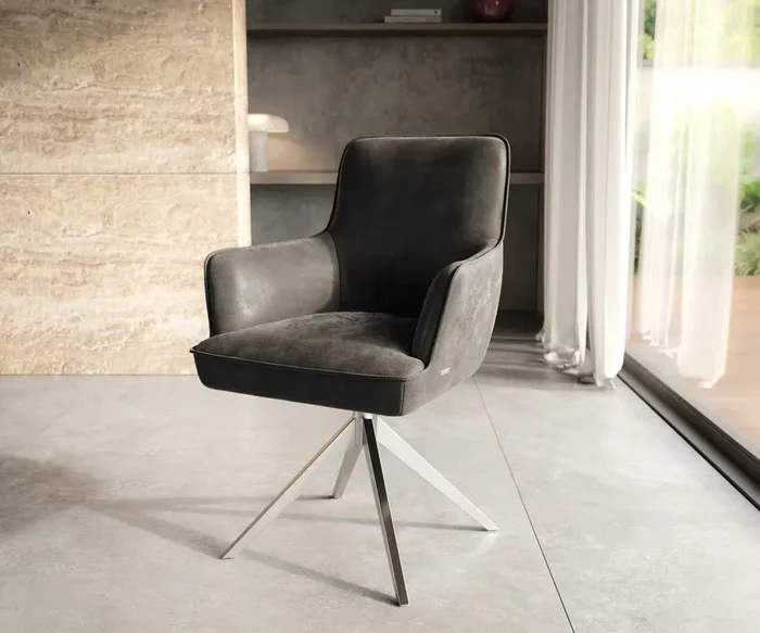 Drehstuhl Heira-Flex mit Armlehnen Mikrofaser Anthrazit Vintage Kreuzgestell breit Edelstahl 360° drehbar Taschenfederkern