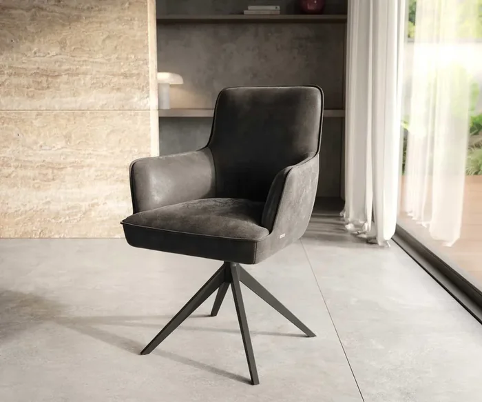 Drehstuhl Heira-Flex mit Armlehnen Mikrofaser Anthrazit Vintage Kreuzgestell breit Schwarz 360° drehbar Taschenfederkern