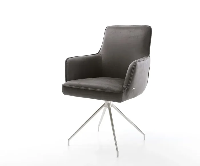 Drehstuhl Heira-Flex mit Armlehnen Mikrofaser Anthrazit Vintage Kreuzgestell konisch Edelstahl 180° drehbar Taschenfederkern