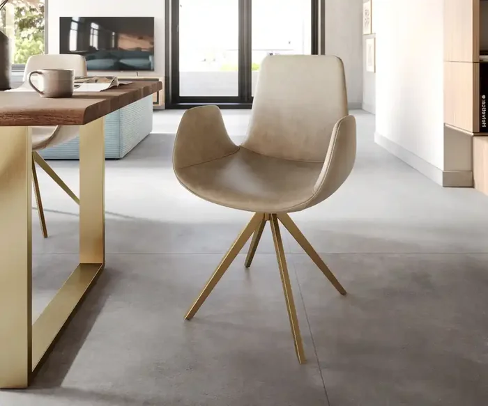 Drehstuhl Ilia-Flex mit Armlehnen Mikrofaser Beige Vintage Kreuzgestell kantig Gold 180° drehbar