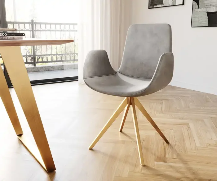 Drehstuhl Ilia-Flex mit Armlehnen Samt Grau Kreuzgestell kantig Gold 180° drehbar