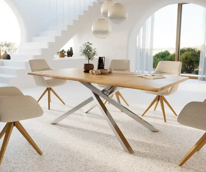 Esstisch Edge 200x100x2,5-3 Eiche Natur Kreuzgestell Rechteck Edelstahl Live-