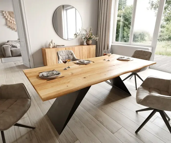 Esstisch Edge 200x100x2,5-3 Eiche Natur V-Gestell Flachstahl Schwarz Live-