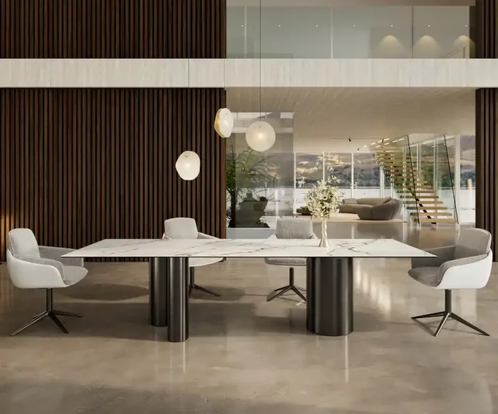 Esstisch Edge 300×100 Keramik Calacatta Luxe Weiß-Gold-Grau Troa Edelstahl Graphit