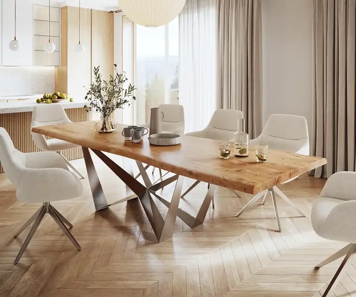 Esstisch Edge 300×100 XL Akazie Natur Spider Flachstahl Edelstahl Live-