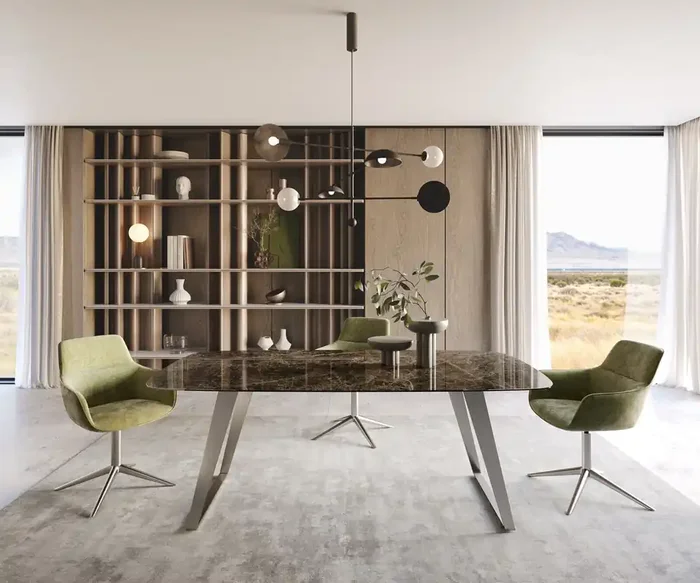 Esstisch Edge Boot 200×100 Keramik Laminam® Emperador Extra Lucidato Dunkelbraun Edelstahl Schräg