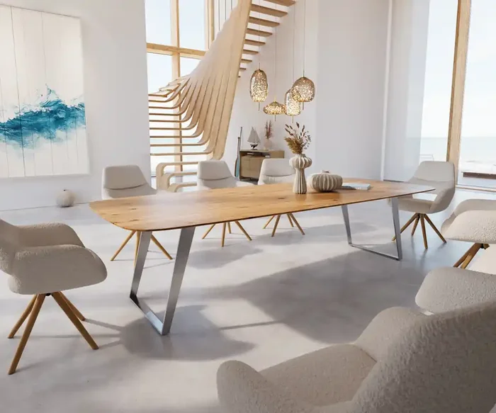 Esstisch Edge Boot 300x120x2,5-3 Eiche Natur Edelstahl Schräg Schweizer Kante