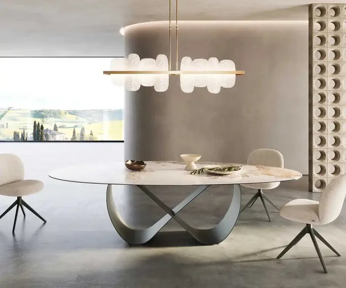 Esstisch Edge Oval 280×130 Keramik Minas Melange Weiß-Beige Infinity Metall Effektfinish Titan