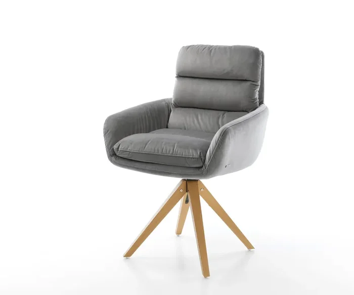 Esszimmerstuhl Abelia-Flex mit Armlehnen Samt Grau Holzgestell kantig Natur