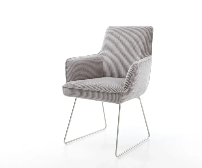 Esszimmerstuhl Heira-Flex mit Armlehnen Cord Silbergrau Kufengestell Edelstahl Taschenfederkern