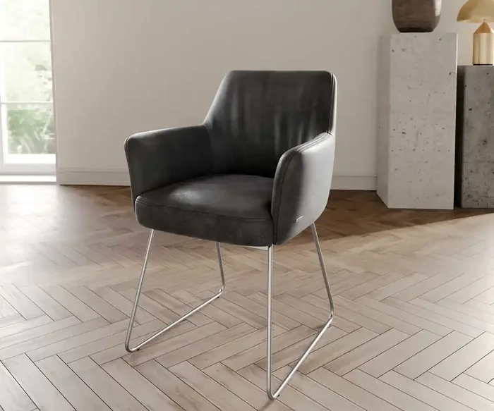 Esszimmerstuhl Xana-Flex mit Armlehnen Mikrofaser Anthrazit Vintage Kufengestell Edelstahl Taschenfederkern