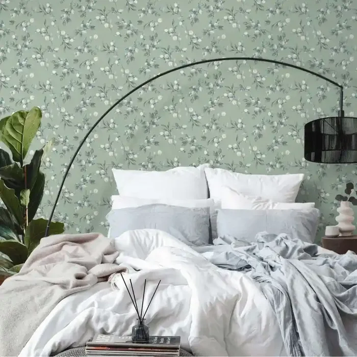 Florale Aquarell-Tapete Grün Blau – Vliestapete mit Blättern – Mustertapete dezent