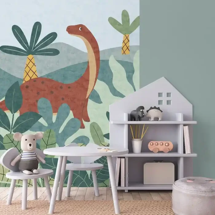 Fototapete Dinosaurier Dschungeloptik Bunt – Kinderzimmer Vliestapete