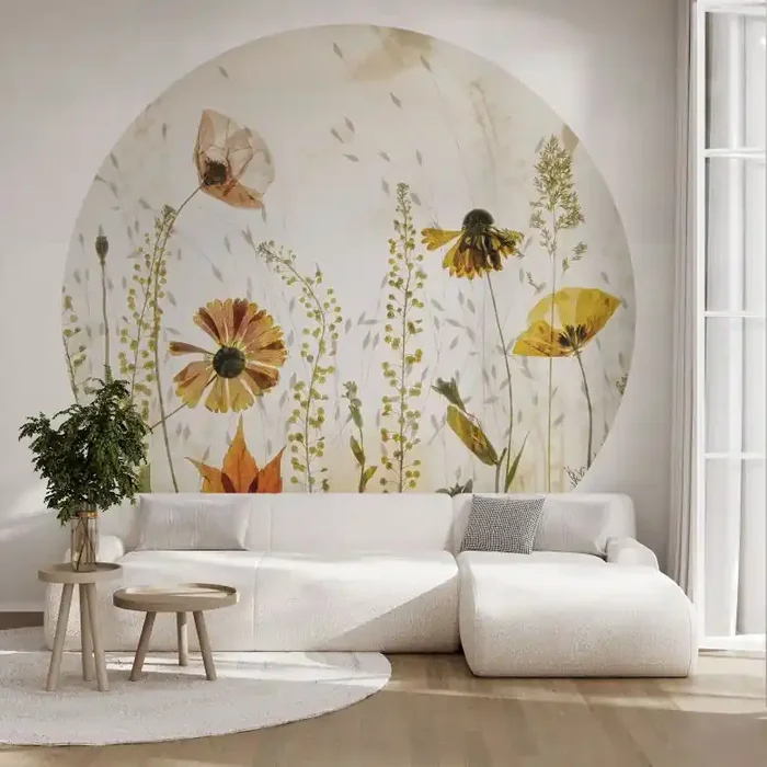 Fototapete Wilde Wiesenblumen im Sonnenlicht – Talen Blumentapete Rund – Selbstklebend/Vlies