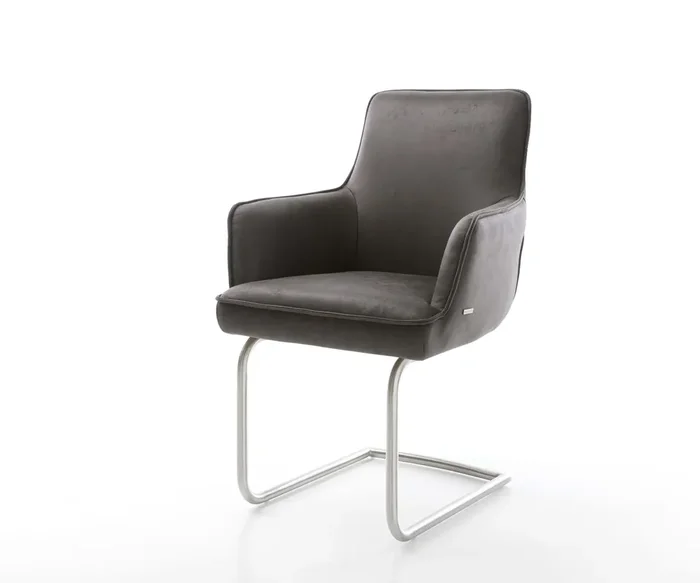 Freischwinger Heira-Flex mit Armlehnen Mikrofaser Anthrazit Vintage Freischwinger rund Edelstahl Taschenfederkern