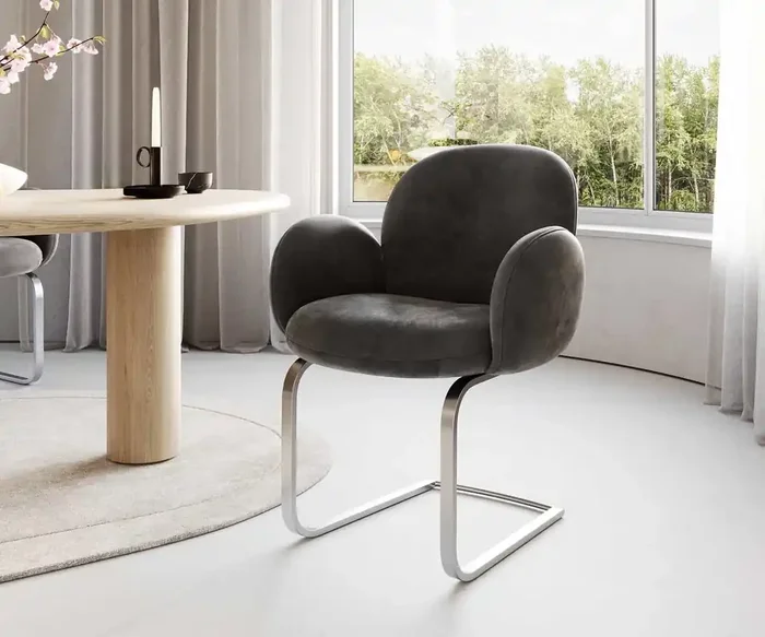 Freischwinger Nube-Flex mit Armlehnen Mikrofaser Anthrazit Vintage Freischwinger flach Edelstahl Taschenfederkern