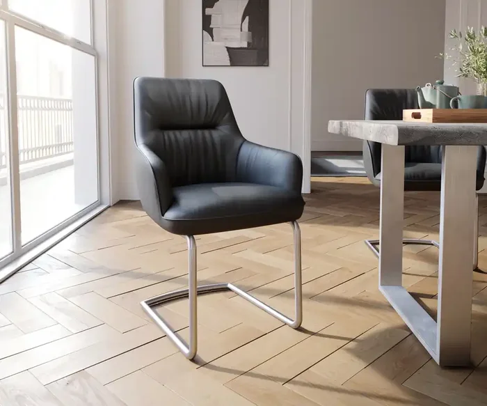 Freischwinger Zelia-Flex mit Armlehnen Echt-Leder Schwarz Freischwinger rund Edelstahl Taschenfederkern