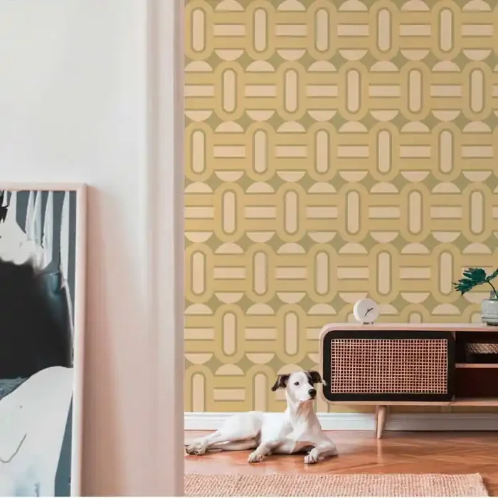 Grafik-Tapete Grün Creme – Vintage Vliestapete im Retro-Look – Mustertapete Strukturtapete