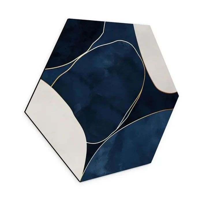 Hexagon Wandbild Geometrische Balance in Blau und Weiß – Paksoylu – Alu-Dibond