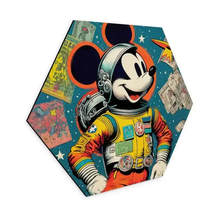 Hexagon Wandbild Treechild – Mickey als Astronaut im Retro Stil – Alu-Dibond
