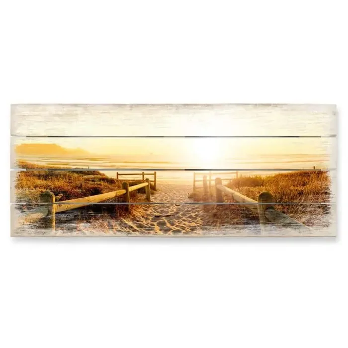 Holzbild Sunset at the Beach – Panorama – 100×40 cm