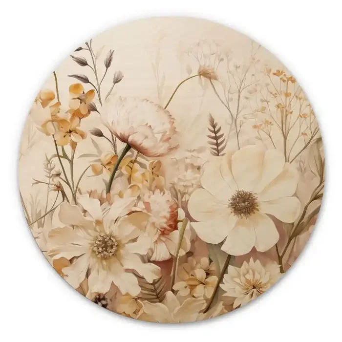 Holzbild Vintage Blütenpracht auf der Wiese – Lola Peacock – Rund